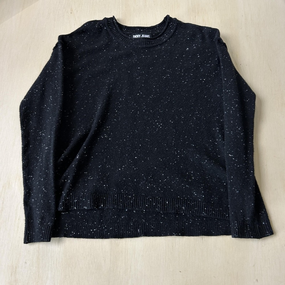 DKNY JEANS Sweater Womens Small Black Crew Neck Speckled Tight-Knit Pullover